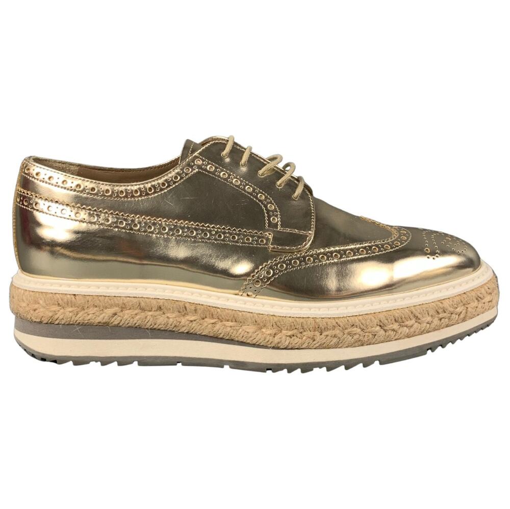PRADA Brogue Platform Espadrille Oxford Wingtip Metallic Gold 9.5/US 10.5 $995